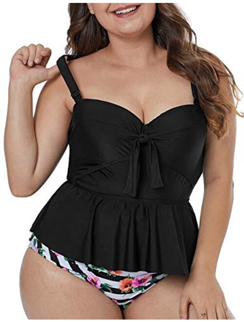 CILKOO Womens Plus Size Halter Neck Peplum Tankini Two Piece Bathing Suit Swimwear Swimsuit(M-5XL)