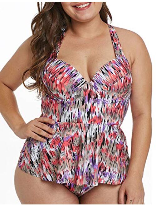 CILKOO Womens Plus Size Halter Neck Peplum Tankini Two Piece Bathing Suit Swimwear Swimsuit(M-5XL)