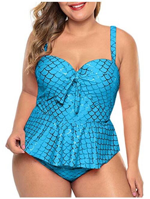 CILKOO Womens Plus Size Halter Neck Peplum Tankini Two Piece Bathing Suit Swimwear Swimsuit(M-5XL)