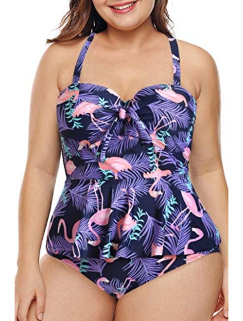 CILKOO Womens Plus Size Halter Neck Peplum Tankini Two Piece Bathing Suit Swimwear Swimsuit(M-5XL)