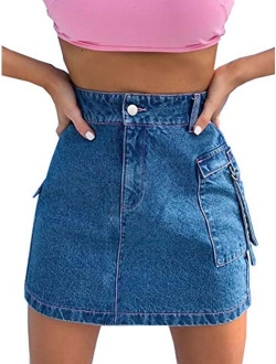 Eliacher Women's High Waisted Jean Skirt Slim Fit Zip Front Elastic Bodycon Denim Mini Skirt