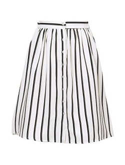 Women's Striped Button Front Elastic Back Waist A-Line Midi Skirt