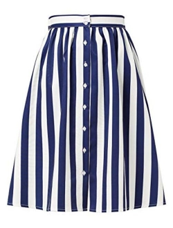 Women's Striped Button Front Elastic Back Waist A-Line Midi Skirt