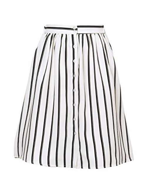 Allegra K Women's Striped Button Front Elastic Back Waist A-Line Midi Skirt