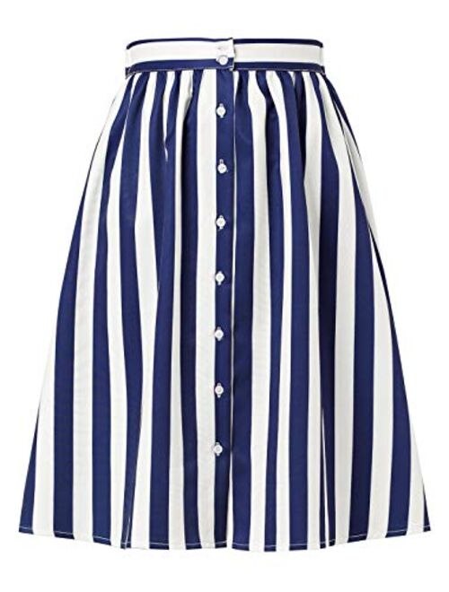 Allegra K Women's Striped Button Front Elastic Back Waist A-Line Midi Skirt