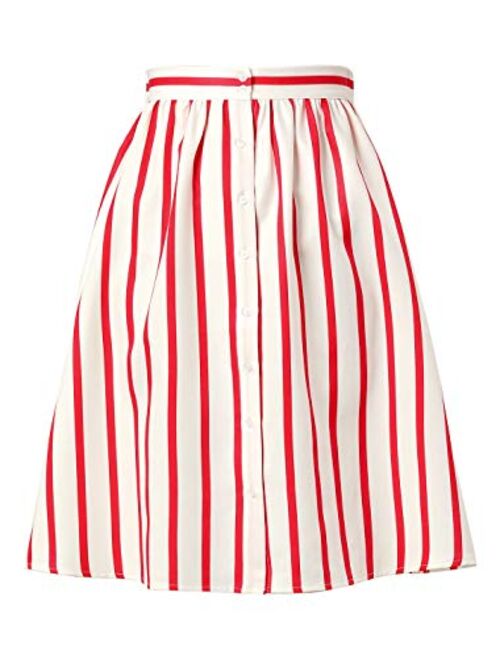 Allegra K Women's Striped Button Front Elastic Back Waist A-Line Midi Skirt