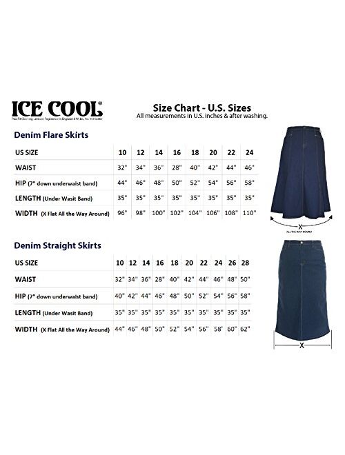 Ice Cool Ladies Women's Indigo Stretch Denim Maxi Skirt Sizes 10 to 28. Length 35"