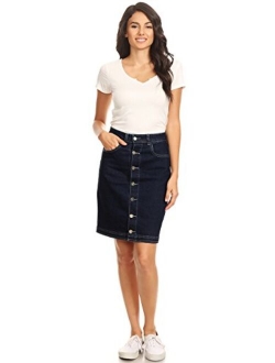 Anna-Kaci Womens Vintage Stretch Denim Jean Button Flare Skirt with Side Pocket