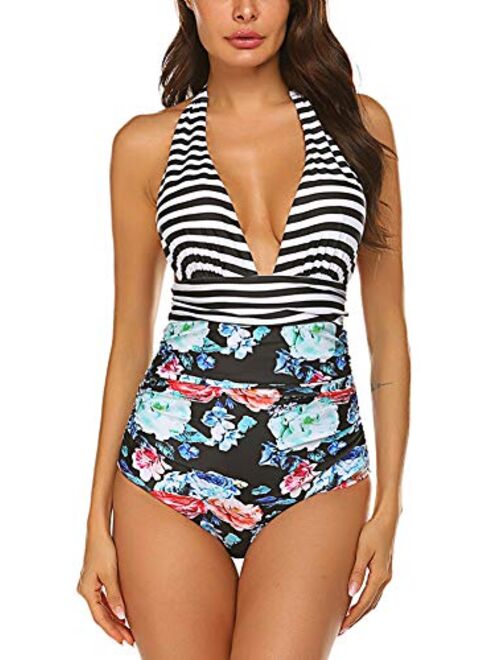 Qearal Womens Halter Striped One Piece Monikini Swimsuit High Waisted Bathing Suit Swimwear