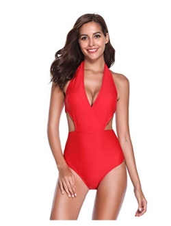 Women's Monokini Swimwear Deep V-Neck Plunge Backless High Waisted One Piece Swimsuit