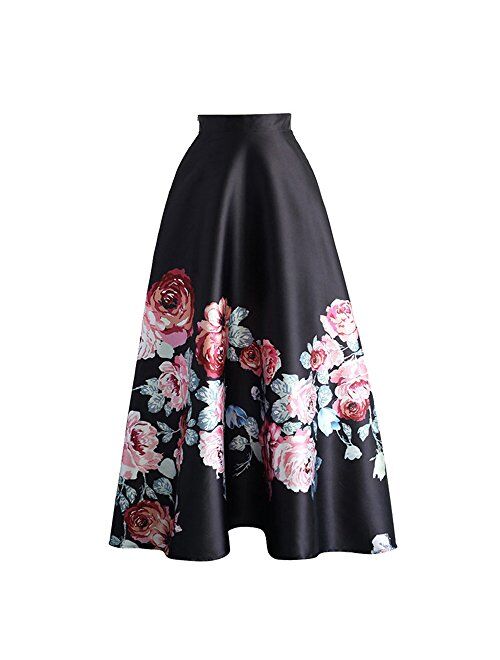 Eiffel Women's Flower Print Colorblock High Waist A-line Swing Maxi Skirt Dress