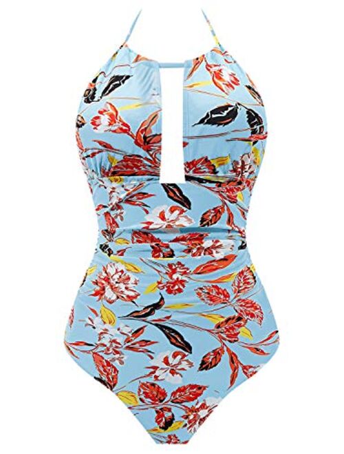 I2CRAZY Women's One Piece Swimsuits Tummy Control Swimwear Backless Deep V Neck Halter Monokini Bathing Suits