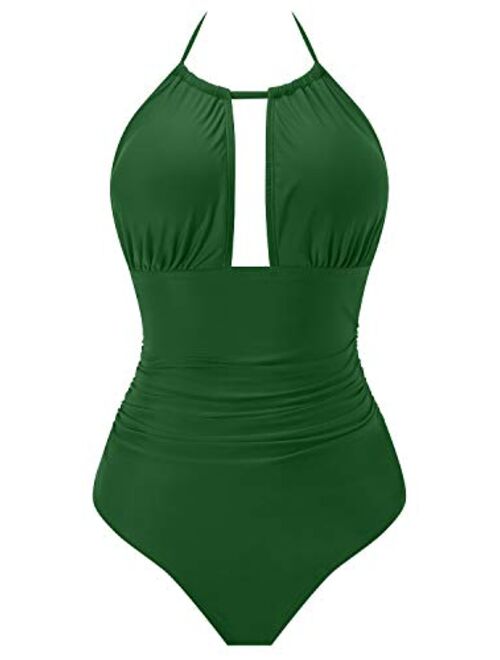 I2CRAZY Women's One Piece Swimsuits Tummy Control Swimwear Backless Deep V Neck Halter Monokini Bathing Suits