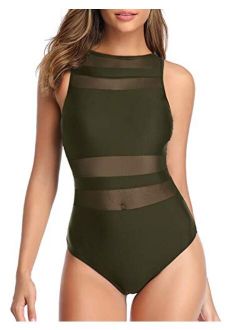 Holipick Women One Piece High Neck Swimsuits for Women Mesh Bathing Suit Open Back Swimwear