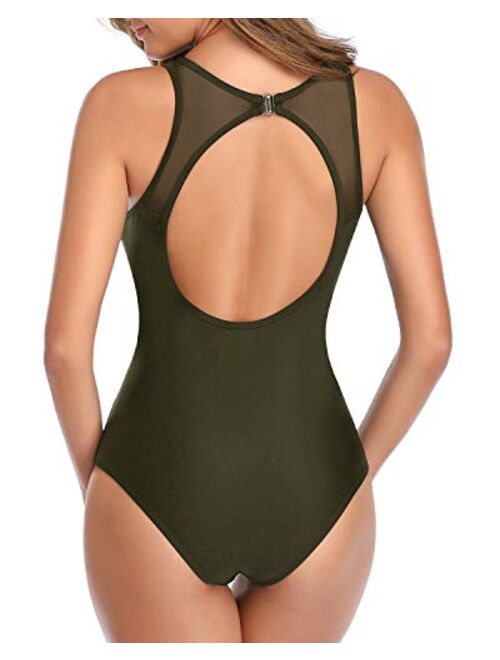 Holipick Women One Piece High Neck Swimsuits for Women Mesh Bathing Suit Open Back Swimwear