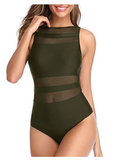 Holipick Women One Piece High Neck Swimsuits for Women Mesh Bathing Suit Open Back Swimwear