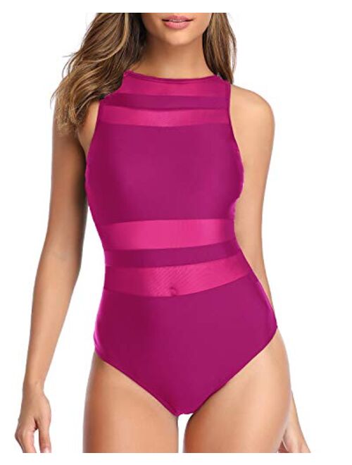 Holipick Women One Piece High Neck Swimsuits for Women Mesh Bathing Suit Open Back Swimwear