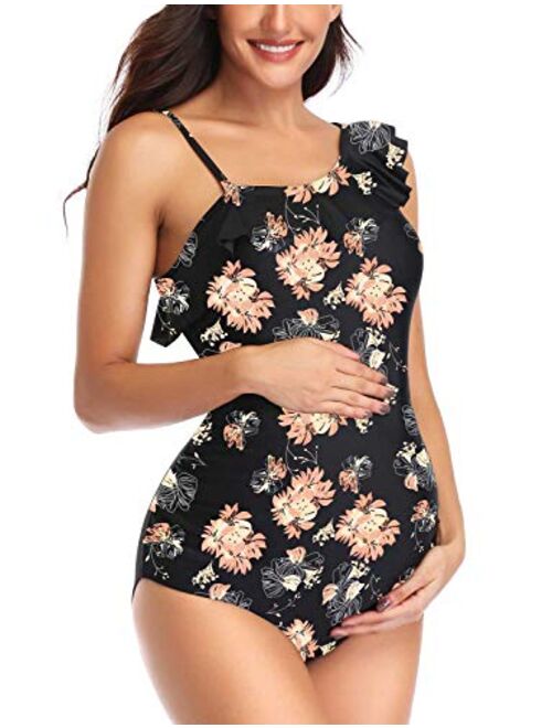 Maternity Swimsuit Womens Tankini One Shoulder Summer Ruffle Summer Bathing Suit