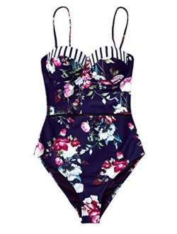 Women's Vivid Floral and Stripe One Piece Swimsuit