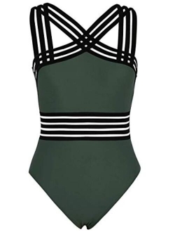 coastal rose Women's One Piece Swimsuit Crisscross Halter Bathing Suit High Waisted Monokini Swimwear