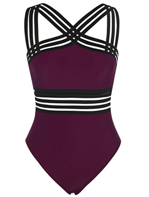 coastal rose Women's One Piece Swimsuit Crisscross Halter Bathing Suit High Waisted Monokini Swimwear