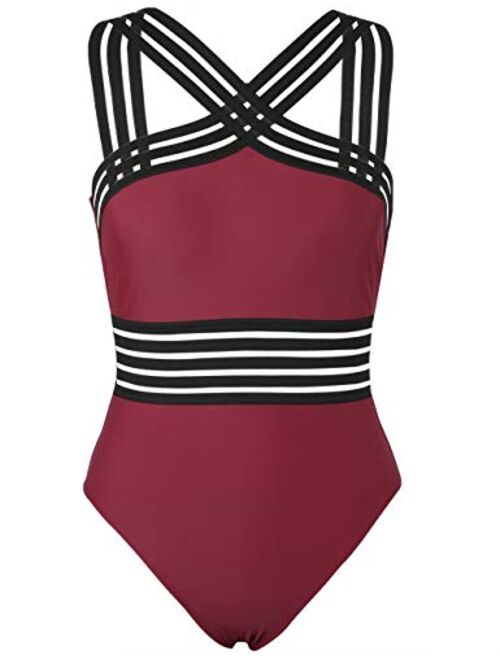 coastal rose Women's One Piece Swimsuit Crisscross Halter Bathing Suit High Waisted Monokini Swimwear