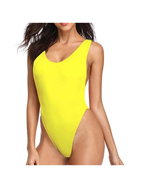 Dixperfect 90s Trend One Piece Swimsuit Low Cut Sides Wide Straps High Legs for Women