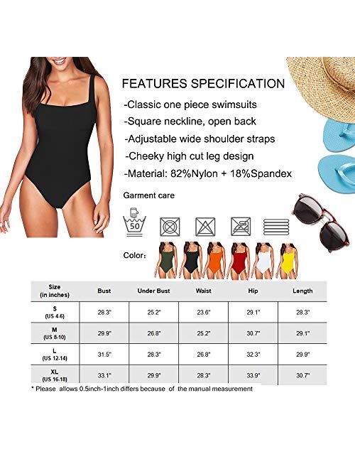 COCOLEGGINGS Womens Square Neck Cheeky High Cut One Piece Bathing Suit Swimsuit