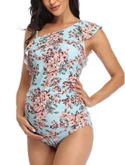 MiYang Women Maternity Swimwear One Shoulder Flounce One Piece Printing Bathing Suit