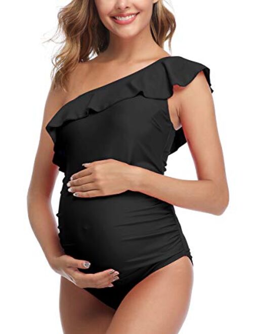 MiYang Women Maternity Swimwear One Shoulder Flounce One Piece Printing Bathing Suit