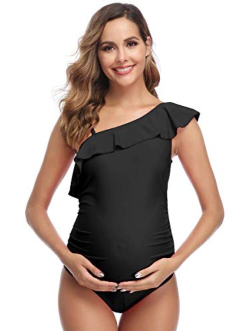 MiYang Women Maternity Swimwear One Shoulder Flounce One Piece Printing Bathing Suit