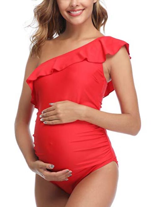 MiYang Women Maternity Swimwear One Shoulder Flounce One Piece Printing Bathing Suit