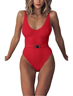 FEIYOUNG Sexy Womens Monokini Scoop Neck One Piece Backless Cheeky Swimwear Semi Thong Bikini with Belt