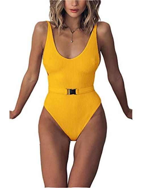 FEIYOUNG Sexy Womens Monokini Scoop Neck One Piece Backless Cheeky Swimwear Semi Thong Bikini with Belt