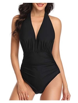 Holipick Women Tummy Control One Piece Swimsuit Halter V Neck Striped Bathing Suit