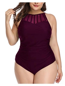 Aqua Eve Women Plus Size One Piece Bathing Suits Ruched Tummy Control Swimsuit High Neck Mesh Swimwear