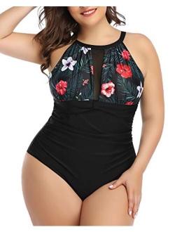 Aqua Eve Women Plus Size One Piece Bathing Suits Ruched Tummy Control Swimsuit High Neck Mesh Swimwear