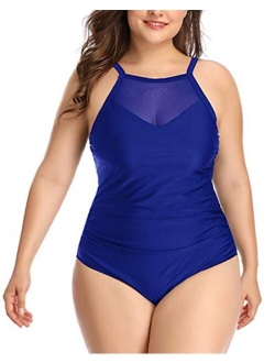 Aqua Eve Women Plus Size One Piece Bathing Suits Ruched Tummy Control Swimsuit High Neck Mesh Swimwear