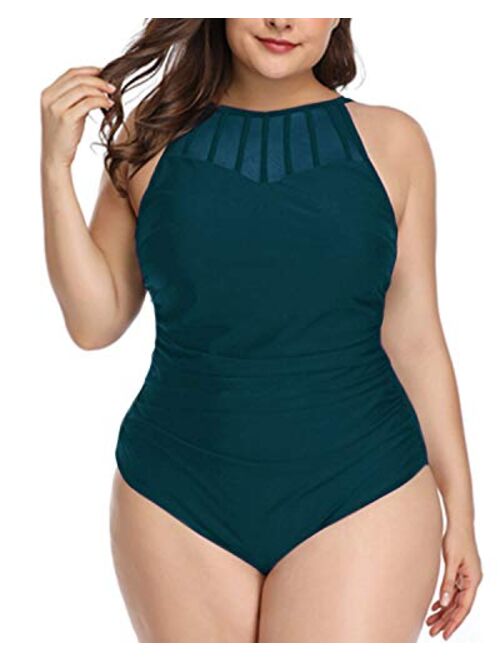 Aqua Eve Women Plus Size One Piece Bathing Suits Ruched Tummy Control Swimsuit High Neck Mesh Swimwear