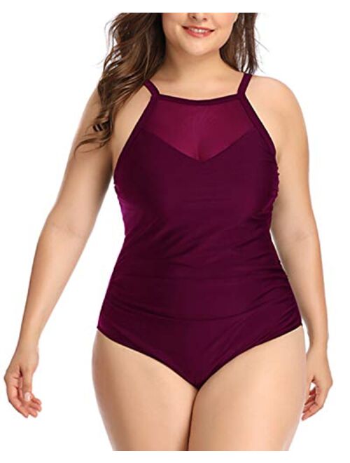 Aqua Eve Women Plus Size One Piece Bathing Suits Ruched Tummy Control Swimsuit High Neck Mesh Swimwear