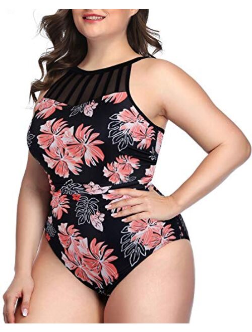 Aqua Eve Women Plus Size One Piece Bathing Suits Ruched Tummy Control Swimsuit High Neck Mesh Swimwear