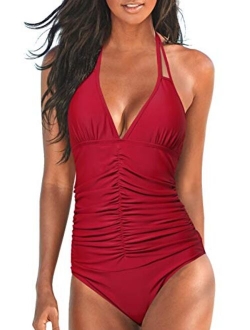 Upopby Women's Halter Push up One Piece Swimsuits Backless Monokini Ruched Tummy Control Bathing Suits Plus Size Swimwear