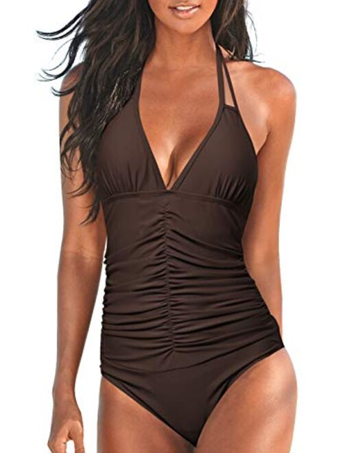 Upopby Women's Halter Push up One Piece Swimsuits Backless Monokini Ruched Tummy Control Bathing Suits Plus Size Swimwear