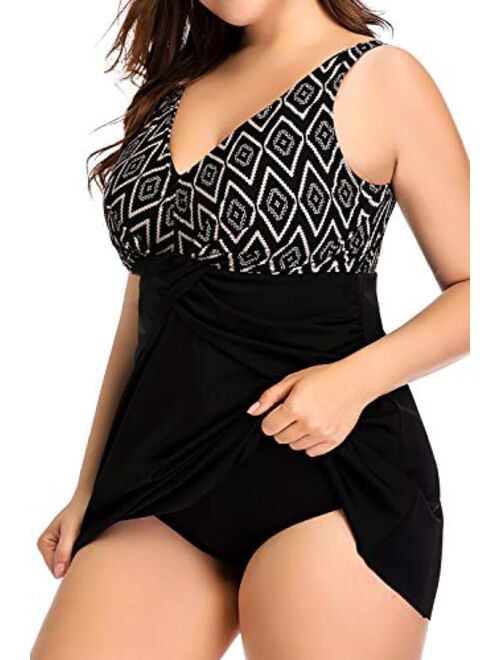 PERONA Women's Plus Size Swimsuits Shaping Body One Piece Swim Dresses Print Swimwear