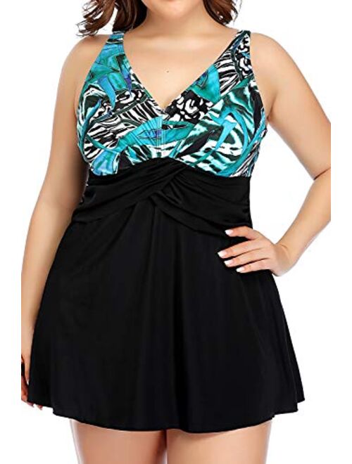 PERONA Women's Plus Size Swimsuits Shaping Body One Piece Swim Dresses Print Swimwear