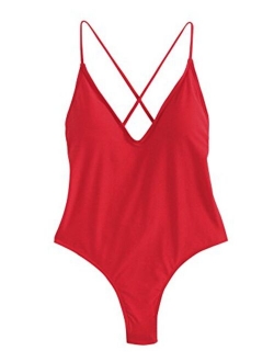 Women's Sexy Bathing Suits Solid Color Criss Cross Open Back One Piece Swimwear