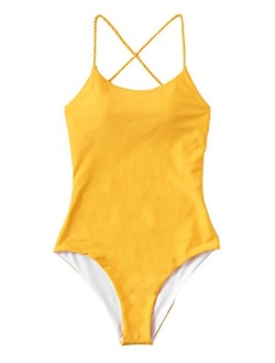 Women's Sexy Bathing Suits Solid Color Criss Cross Open Back One Piece Swimwear