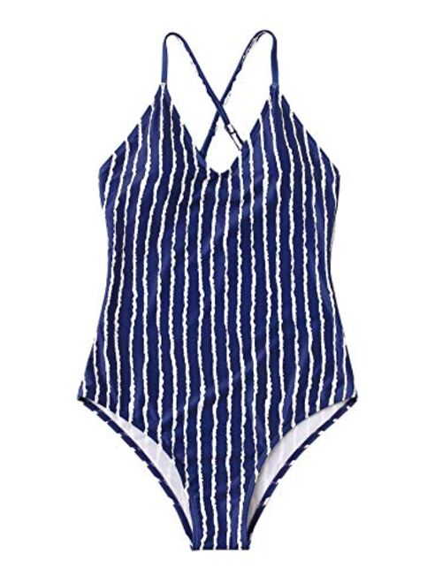 SweatyRocks Women's Sexy Bathing Suits Solid Color Criss Cross Open Back One Piece Swimwear