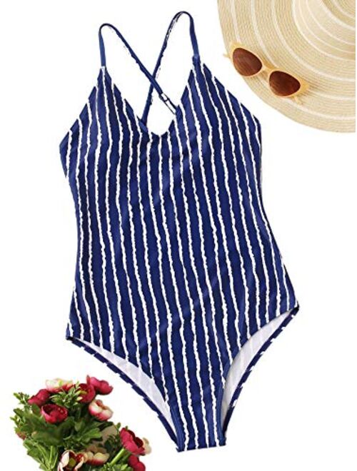 SweatyRocks Women's Sexy Bathing Suits Solid Color Criss Cross Open Back One Piece Swimwear