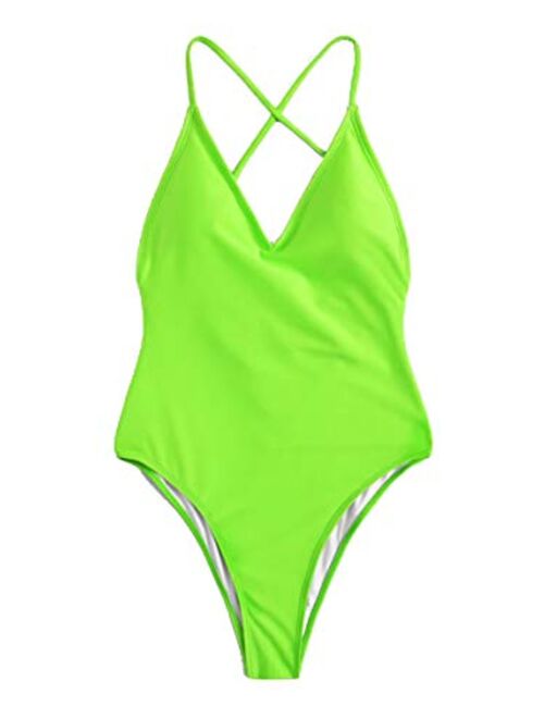 SweatyRocks Women's Sexy Bathing Suits Solid Color Criss Cross Open Back One Piece Swimwear